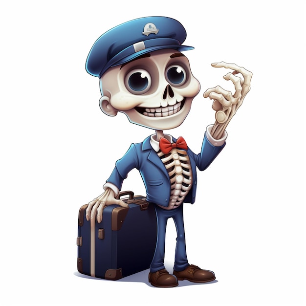 Пилот-скелет из мультфильма с чемоданом и шляпой размахивает генеративным аи