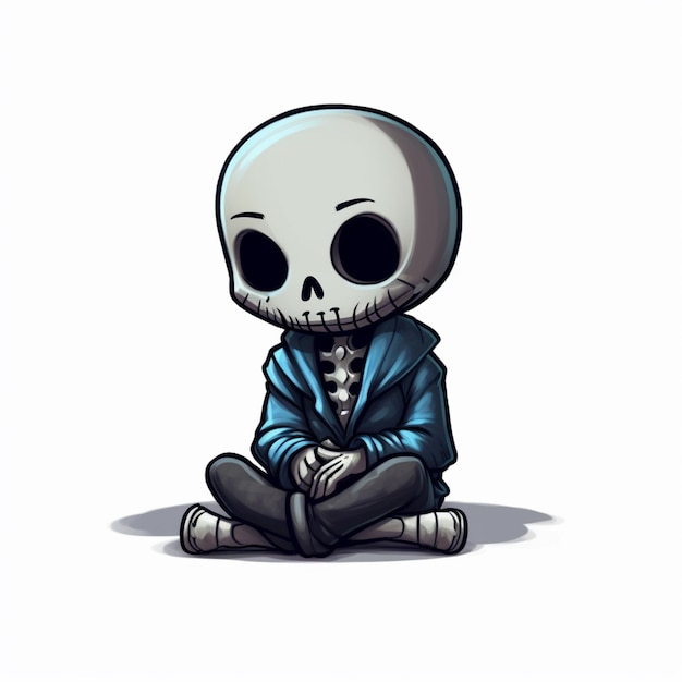 Cartoon skeleton sitting on the ground with a blue jacket generative ai