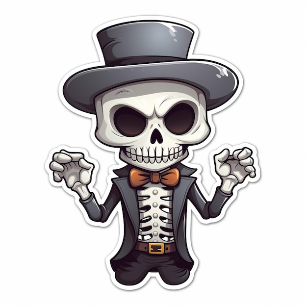 cartoon skeleton in top hat and bow tie with hands up generative ai