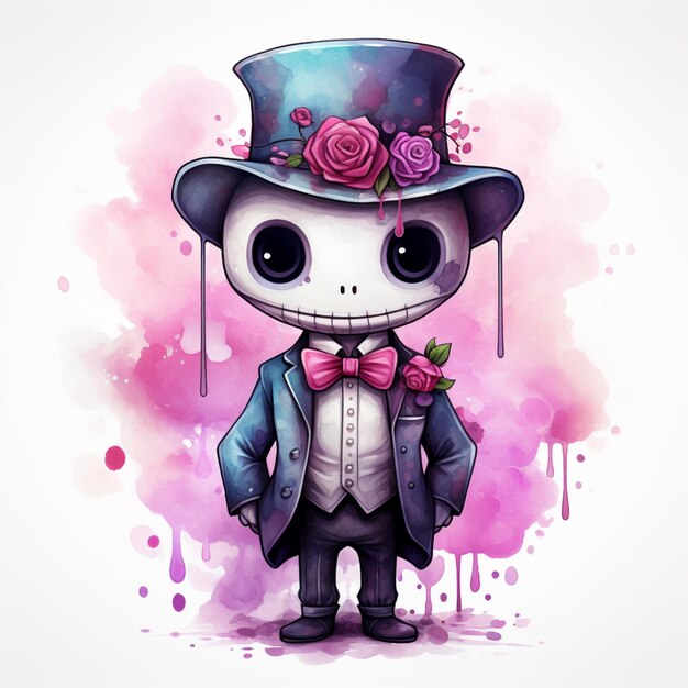 cartoon skeleton in a top hat and tuxedo with roses generative ai