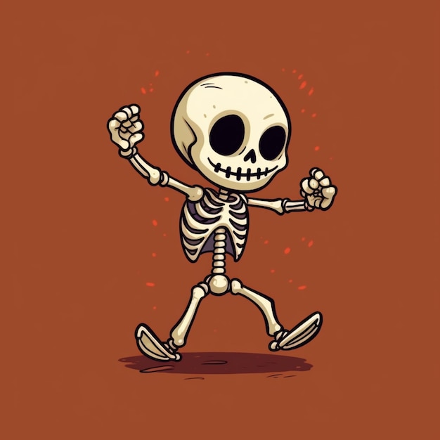Мультяшный скелет, идущий с распростертыми руками и поднятым кулаком