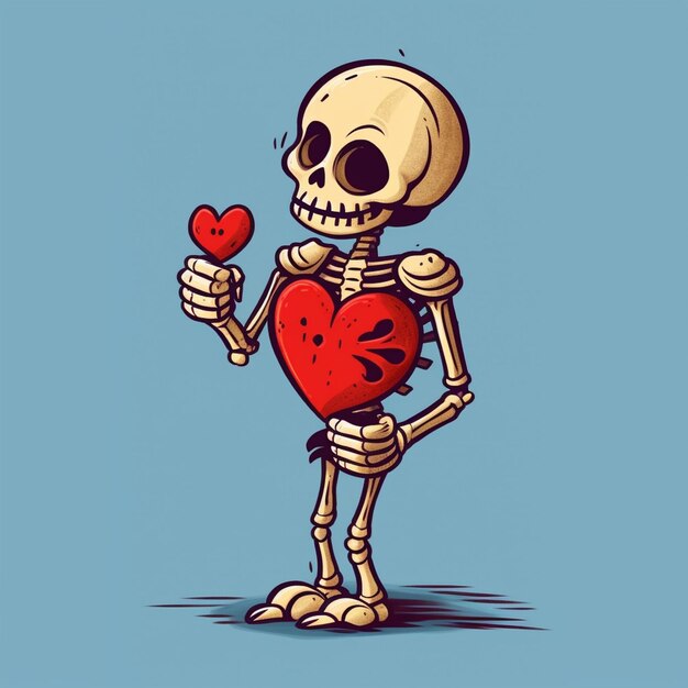 Photo cartoon skeleton with heart balloons in the shape of a heart