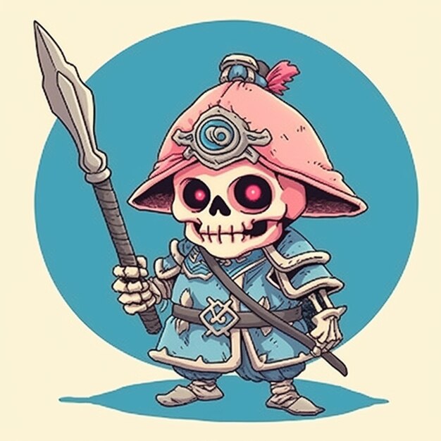 A cartoon skeleton with a pink hat and a sword generative ai