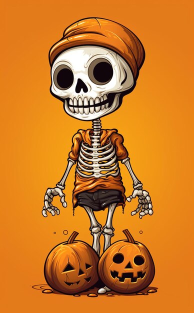 A cartoon skeleton with a pumpkin hat and a pumpkin bag generative ai