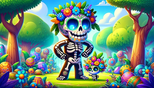 a cartoon of a skeleton with a skull and flowers on it