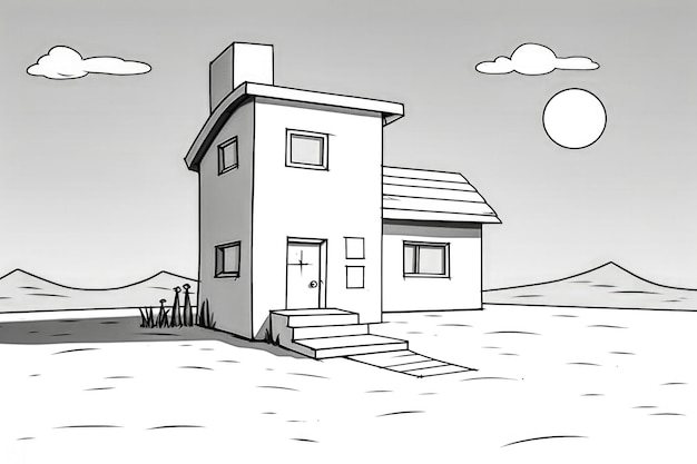 コピースペースで隔離された家の漫画スケッチ