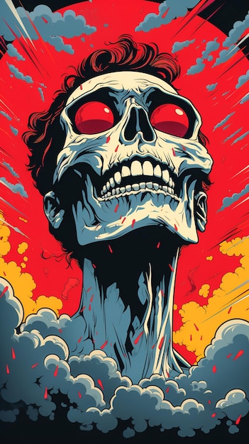 Cartoon Skull Illustration Grunge Horror Art with Skeleton Demonic Design
