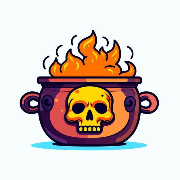 Photo a cartoon skull in a pot with flames coming out of it generative ai