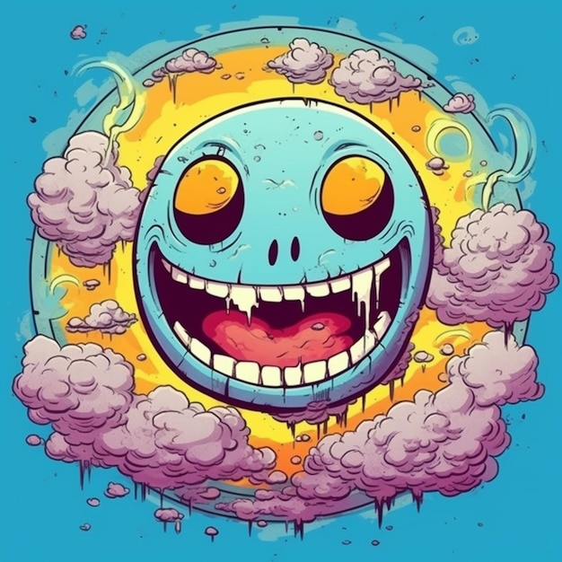 A cartoon skull with a big smile in the clouds generative ai