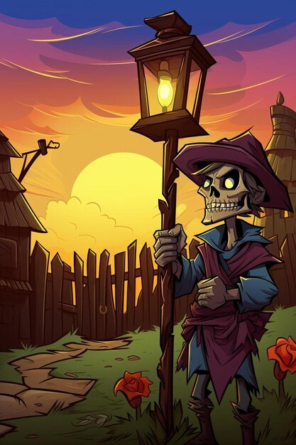 a cartoon of a skull with a lantern in the middle of it