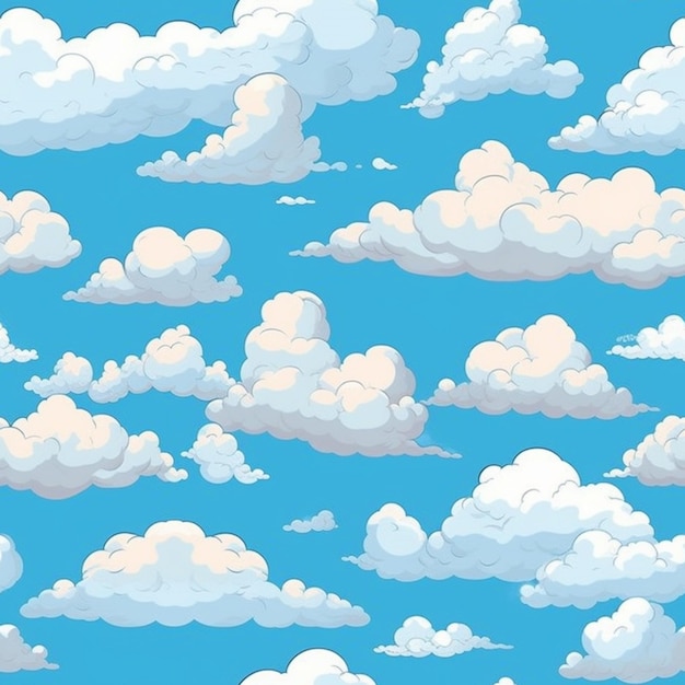 A cartoon sky with clouds and a plane flying in the sky generative ai