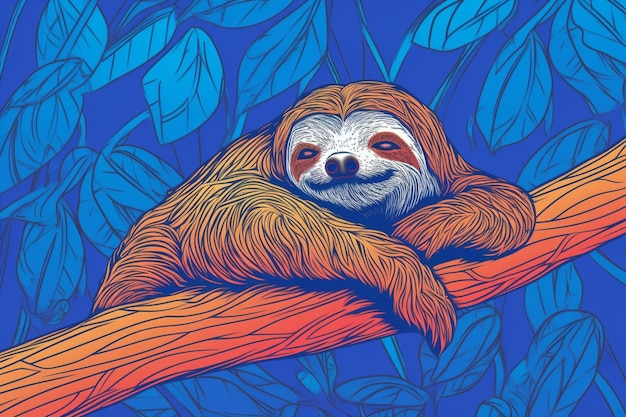 A cartoon of a sloth on a branch with leaves on it.