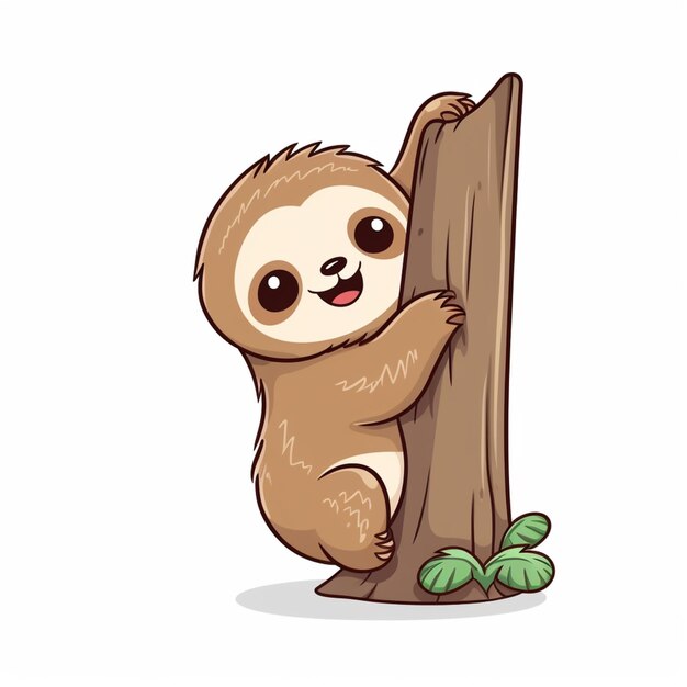 cartoon sloth hanging on a tree branch with leaves generative ai