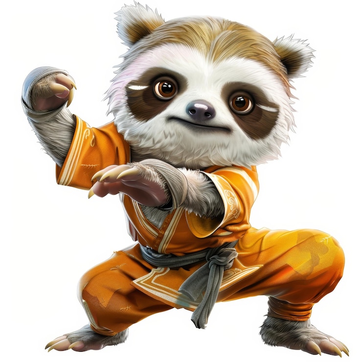 Photo a cartoon sloth in an orange karate uniform with a black belt ready to strike
