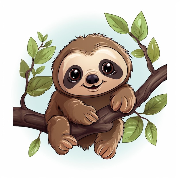 Photo cartoon sloth sitting on a branch with leaves and a blue background generative ai