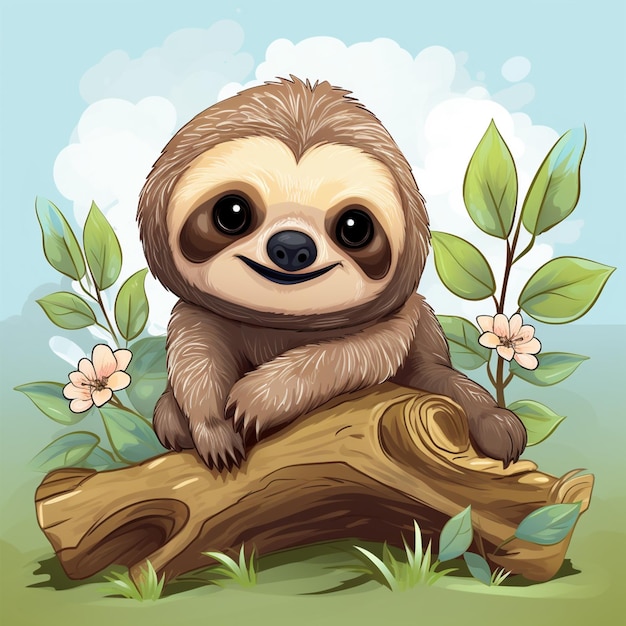 Cartoon sloth sitting on a log with flowers and leaves generative ai