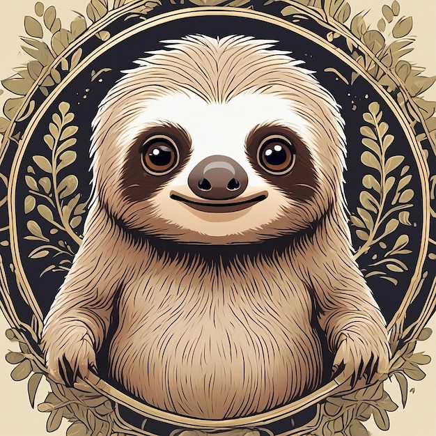 a cartoon sloth with a round frame and leaves ai generated images