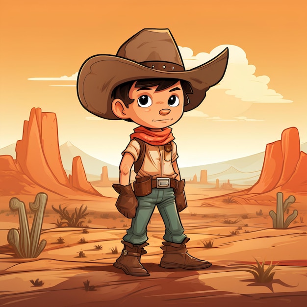 Cartoon the small cowboy in the desert