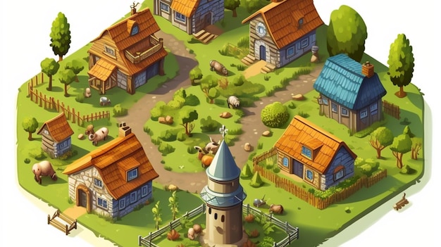 a cartoon of a small village with a tower and a tower with a tower that says " the castle ".