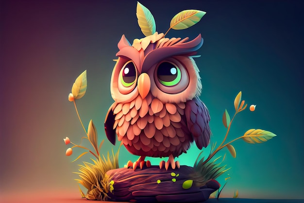 Cartoon smart owl closeup Generative AI