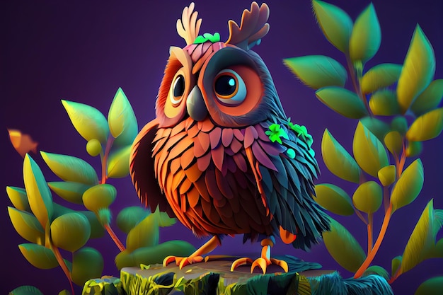 Cartoon smart owl closeup Generative AI