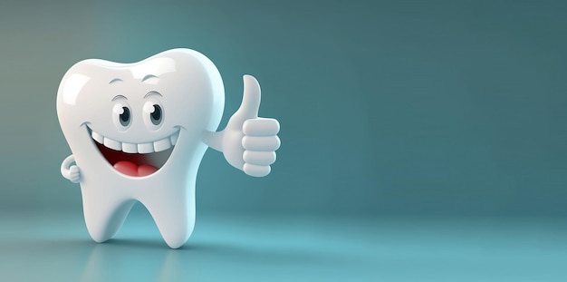 Photo cartoon smiling 3d white tooth with raised finger up on isolated on blue dentistry medicine banner