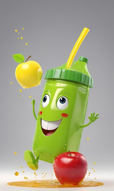 Photo cartoon smiling character with eyes from apple juice can