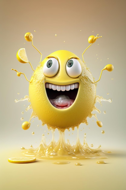 Foto cartone animato sorridente limone pazzo con succo liquido spruzzata