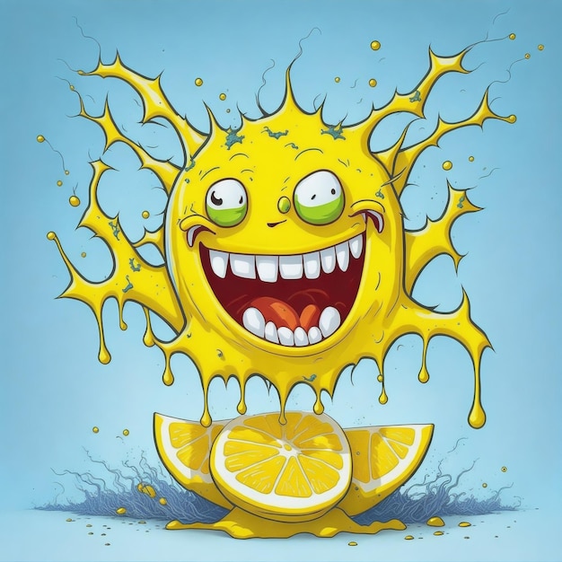 cartoon smiling crazy lemon with splash liquid