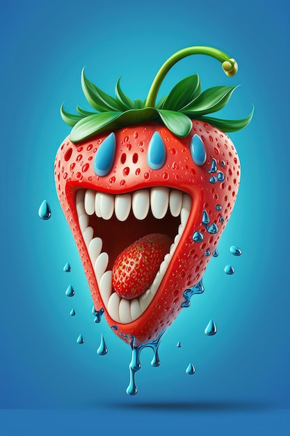 Cartoon smiling crazy strawberry with splash liquid juice