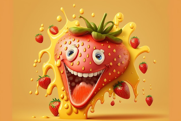 Cartoon smiling crazy strawberry with splash liquid juice