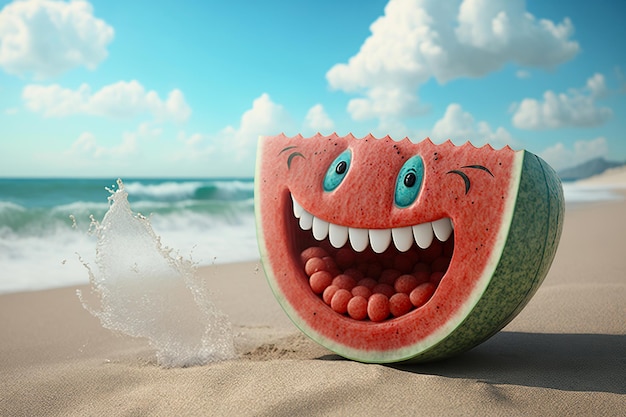 Cartoon smiling crazy watermelons on the beach