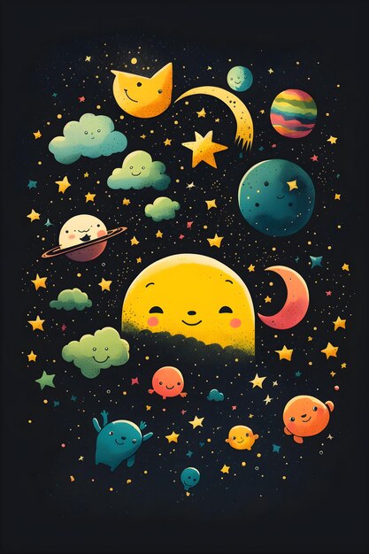 Photo a cartoon of a smiling smiling moon with stars and planets in the background.