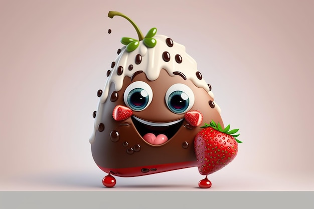 Cartoon smiling strawberry with splash liquid chocolate