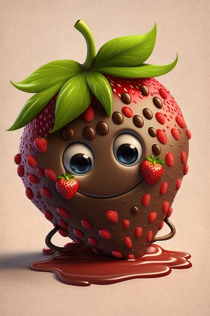 Cartoon smiling strawberry with splash liquid chocolate