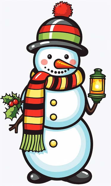 cartoon sneeuwpop met een lantaarn en sjaal met een hulsttak generatieve ai