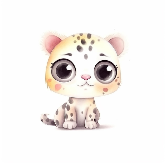 Photo a cartoon snow leopard with big eyes sits on a white background.