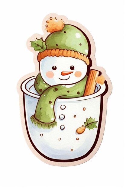 cartoon snowman in a cup with a cinnamon sticker generativ ai