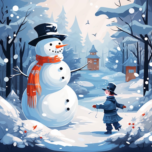Cartoon snowman in winter forest Vector illustration for your design