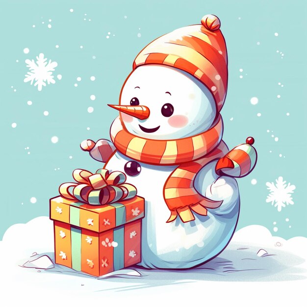 Photo cartoon snowman with a gift in his hand generative ai