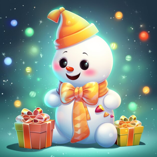 Photo cartoon snowman with gifts and a christmas tree in the background generative ai