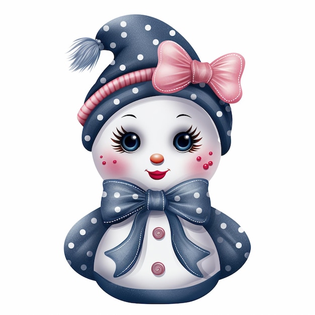 cartoon snowman with a pink bow and polka dot hat generative ai