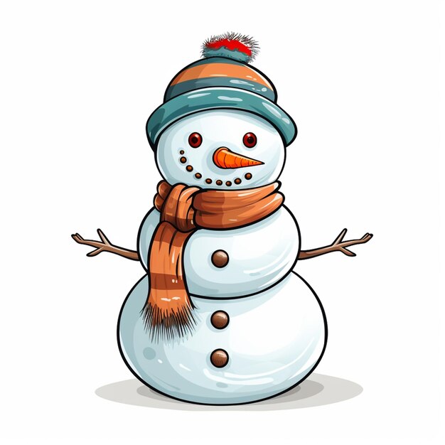 cartoon snowman with scarf and hat on white background generative ai