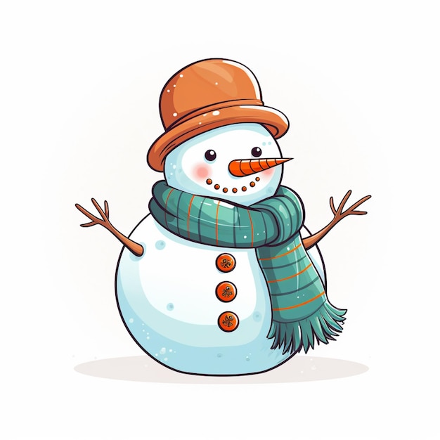 cartoon snowman with scarf and hat on white background generative ai