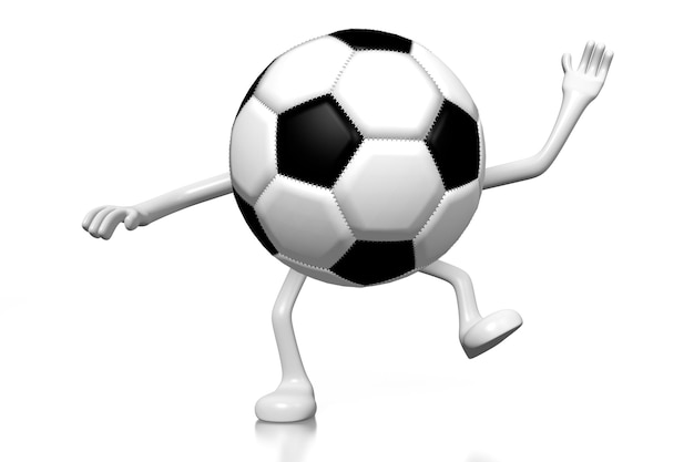 Foto pallone da calcio cartoon con mani e gambe su sfondo bianco illustrazione 3d