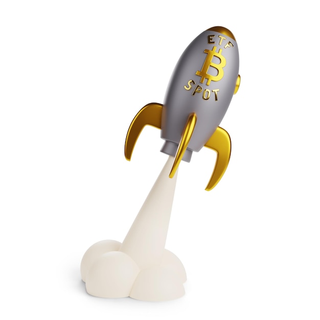 cartoon space aircraft with bitcoin etf spot sign taking off isolated on white background