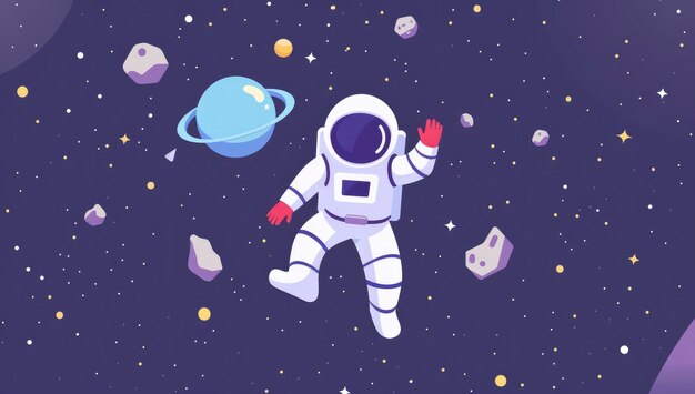 A cartoon space astronaut surrounded by stars while flying in space and the background is dark purple