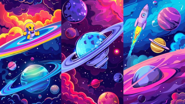 Cartoon space exploration banners with cute alien ufo saucer astronaut planets rocket or shuttle with telescope Fantasy cosmic backgrounds with galaxy objects modern illustration