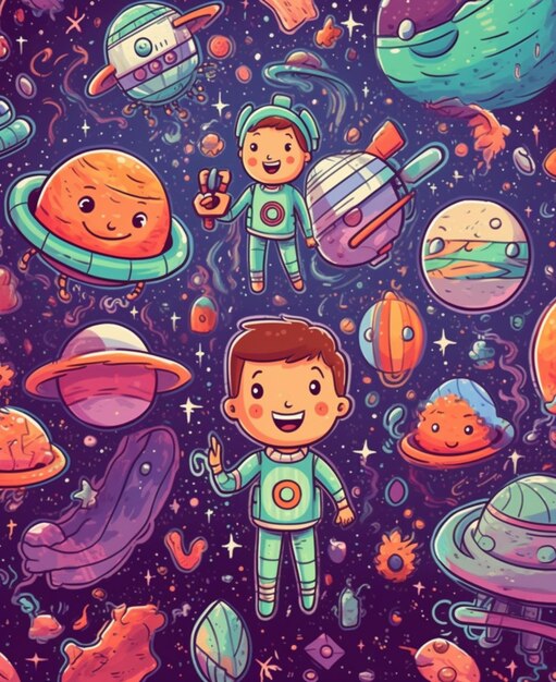 cartoon spaceman with many planets and stars in the background generative ai