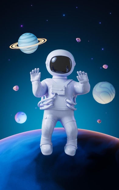 Cartoon spaceman with outer space background 3d rendering